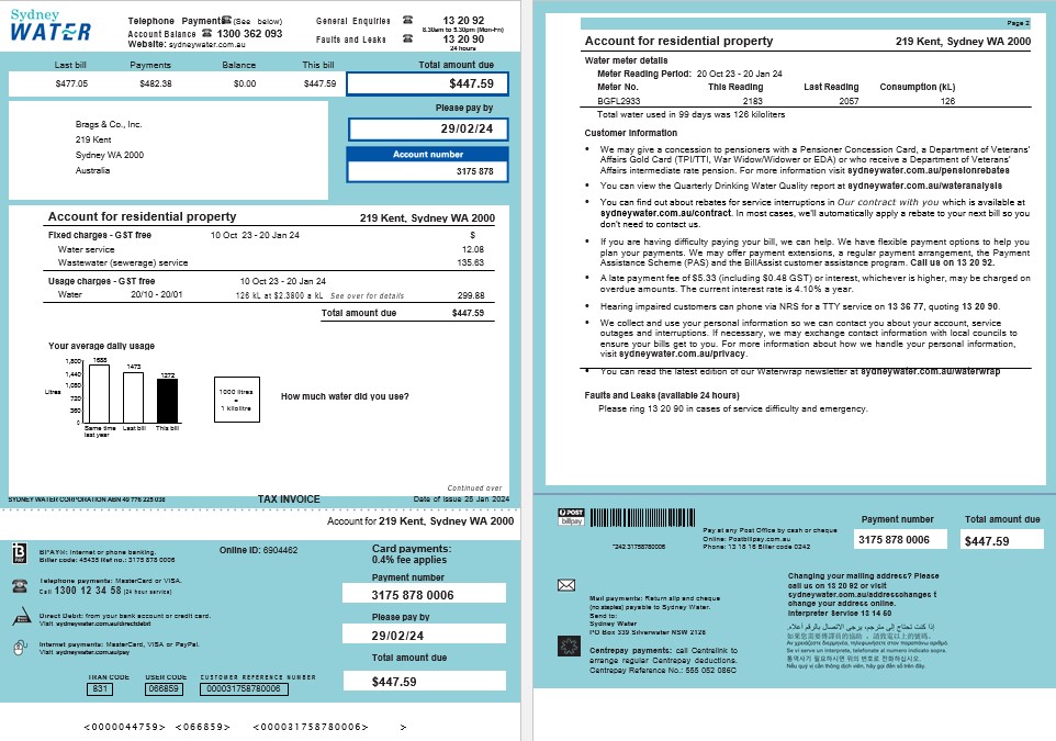 Australia Sydney Water business utility bill, Word and PDF template, 2 pages PSD template